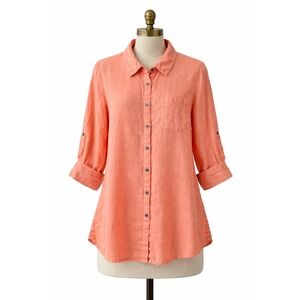 DAMAGED - LISETTE L Linen Blend Tunic Shirt Coral Roll Tab Sleeve Button Top